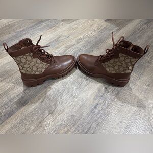 Coach City Sole Side Zip Lace Up Monogram Signature C Boots- Brown, Men’s 8D